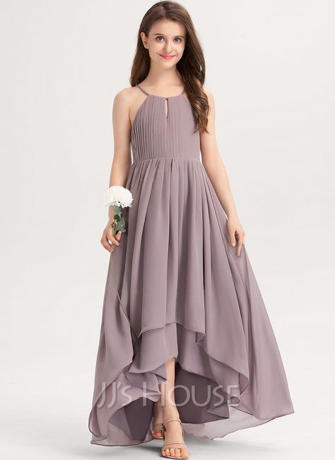 A-Line Scoop Neck Asymmetrical Chiffon Junior Bridesmaid Dress With Ruffle Bow(s) (009217818) - JJ's House Kids Bridesmaid Dress, Girls Long Dresses, Junior Bridesmaid Dress, Girls Frock Design, Kids Designer Dresses, Bridesmaid Dresses Online, Junior Bridesmaid Dresses, Chiffon Ruffle, Frock Design