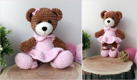 Kids will love this traditional teddy bear in a pink dress! You can easily customize this pattern by changing the colour of the dress to your favourite one. Crochet Teddy Bear Clothes Free Pattern, Crochet Teddy Bear Dress Free Pattern, Crochet Clothes For Teddy Bears, Crochet Flat Teddy Bear Pattern Free, Teddy Bear In Suitcase Crochet Free Pattern, Bear Patterns Free, Teddy Bear Design, Crochet Bear Patterns, Crochet Teddy Bear Pattern