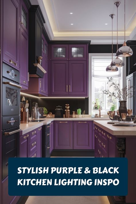 Modern kitchen with purple and black cabinetry, featuring elegant pendant lighting above a spacious countertop. Purple Countertops, Black Kitchen Lighting, Accent Wall Inspiration, Purple Kitchen Cabinets, Purple Kitchen Designs, Plum Kitchen, Light Countertops, Black Kitchen Design, Black Kitchen Decor