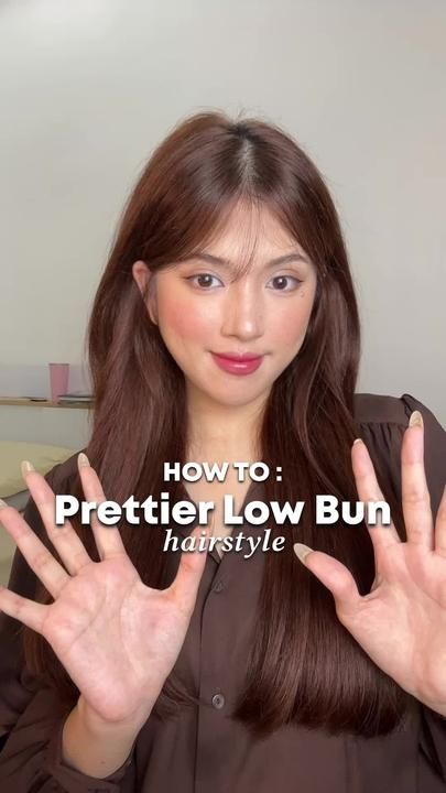 Krista on TikTok Low Bun Tutorial For Long Hair, Hairstyles For Buns Easy, Low Bun For Long Thick Hair, Low Bun Hairstyles Long Hair, Low Twist Bun, Bun For Long Thick Hair, Korean Low Bun, Elegant Low Bun Tutorial, Low Bun Long Hair