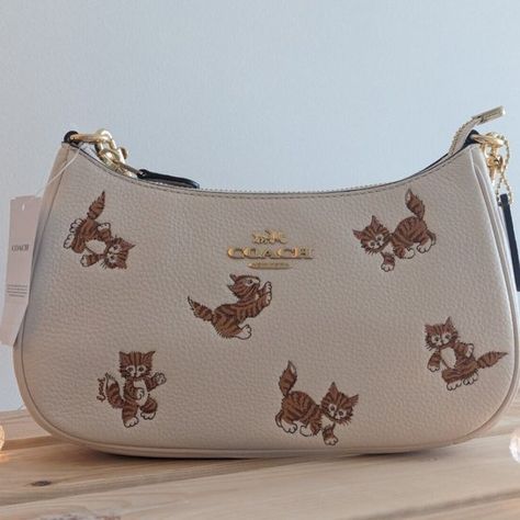 Genuine Coach Teri Shoulder Bag With Dancing Kitten Print Coach Teri Shoulder Bag, Christmas Wants, Tas Bahu, Coach Handbags, Smooth Leather, Keychains, Card Slots, Water Bottles, Dancing