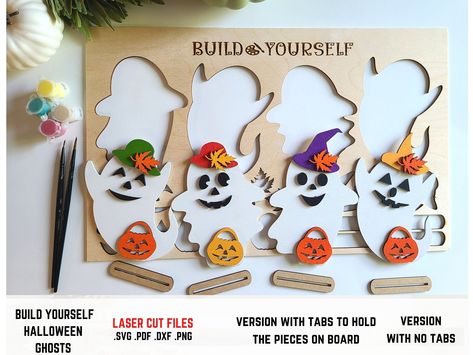 Halloween DIY Svg, Paint Kit Svg File, Halloween Kit Laser Cut Digital File, Craft kit, Halloween Svg File, Spooky File Glowforge DIGITAL FILE ONLY. NO PHYSICAL PRODUCT WILL BE DELIVERED.  This is the Perfect Halloween Activity for kids. Build yourself and paint the Halloween ghosts. Stands included in the kit. The elf on the picture is not included in the files :) Check out my shop for more DIY kits for kids. TESTED ON GLOWFORGE! 2 Versions included - one with tabs to hold the pieces on the boa Diy Kits For Kids, Wood Laser Ideas, Childrens Art Projects, Halloween Kit, Laser Cut Wood Crafts, Halloween Activities For Kids, House Features, Shapes For Kids, Diy Activities