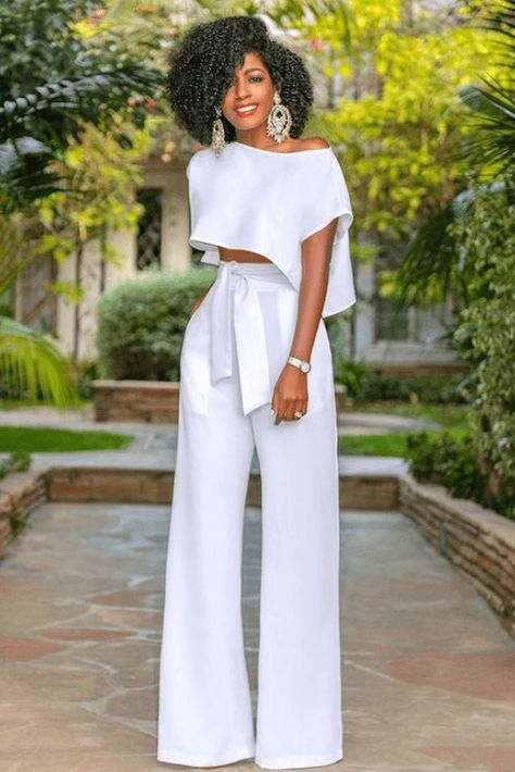 All White Party Outfits, White Party Outfit, Celana Fashion, White Wide Leg Pants, Gaun Fashion, Outfit Trends, Jumpsuit Fashion, African Fashion Dresses, Positano