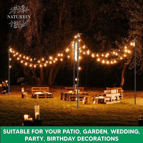 Outdoor Lights Wedding, Lights At Wedding, Backyard Patio Lighting, Hanging String Lights, Outdoor Dinner Parties, Marriage Decoration, Bistro Lights, Metal Pole, Light Pole