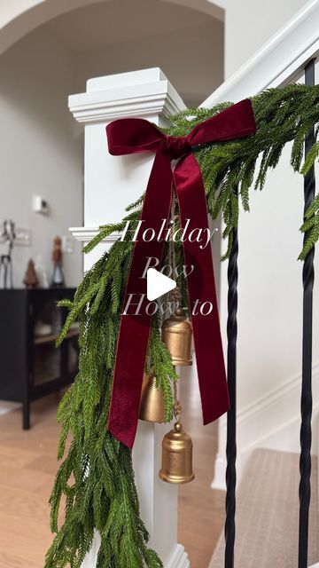 Audrey Ross | affordable home inspo on Instagram: "🎁Bow Tutorial🎁  This is how I always tie my holiday bows! I used this burgundy velvet ribbon on my staircase garland, mantel, wreaths and even on vases around my home 🎀 attach using zip ties or floral wire.   SAVE this for later and SHARE with a friend struggling to tie bows this holiday season!   Comment RIBBON for a link 🔗 must be following to receive my message.   Follow @modernfarmhouse_ohio for more seasonal decorating ideas, affordable home decor and home hacks 🫶   #bowtutorial #howtotieabow #holidaybows #bowseason #bowtrend #velvetribbon #burgundyvelvetribbon #burgundybows" Christmas Garland With Velvet Ribbon, Stairway Garland, Staircase Garland, Bow Season, Hanging Stockings, Holiday Bows, Bow Tutorial, Burgundy Velvet, Floral Wire