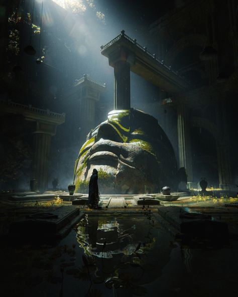 3d Fantasy Art, Civilization Art, 3d Environment Art, 3d Concept Art, Temple Ruins, 3d Environment, Ancient Statues, Canvas Art Projects, Underwater Art