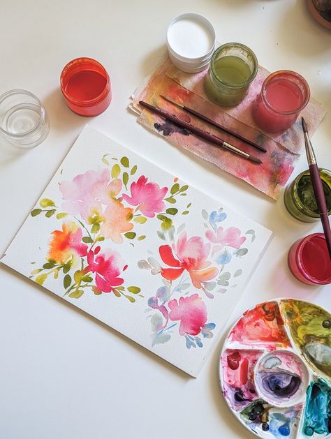 Beautiful floral watercolor painting using MaimeriBlu watercolor, Princeton Velvetouch Blooms brush Filbert Size 1. Watercolor paint palette. Watercolor Art set up and art supplies Maimeriblu Watercolor, Painting Color Palette, Watercolor Flower Painting, Floral Watercolor Painting, Feminist Artist, Floral Watercolor Paintings, Sketchbook Illustration, Watercolor Sketchbook, Watercolor Palette