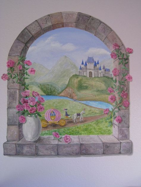 Granddaughters Room, Princess Mural, Fairy Mural, Castle Mural, Castle Window, Window Mural, Castle Drawing, Castle Painting, Window Drawing