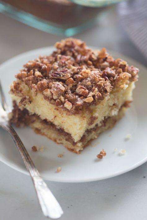 This Sour Cream Coffee Cake is a tender crumb cake with cinnamon pecan topping. It's one of my favorite weekend and brunch treats. Sour Cream Coffee Cake Recipe, Pecan Pie Cheesecake Bars, Homemade Coffee Cake, Pecan Coffee Cake, Pecan Pie Cheesecake, Tastes Better From Scratch, Homemade Scones, Cake Mug, Coffee Cake Recipe