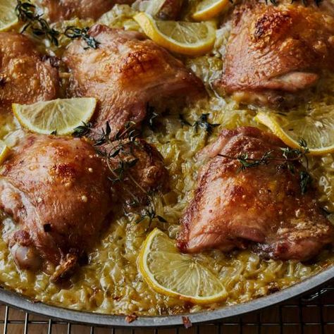 Creamy Chicken Thighs With Lemon and Thyme - Barefoot Contessa Creamy Chicken Thighs, Lemon Chicken Thighs, Chicken Thigh Recipe, Cooking Basmati Rice, Thyme Recipes, Ina Garten Recipes, Favorite Recipes Chicken, Cooking Chicken, Favorite Chicken