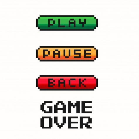 Pixel game menu button - play, pause, ba... | Premium Vector #Freepik #vector #button #game #video #pixel Pixel Button, Pixelated Game, Game Over Pixel, Start Game, Game Button, Pixel Game, Pixel Art Tutorial, Button Game, Play Button