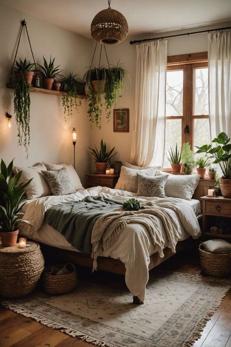 28 Year Old Bedroom Ideas, Bedroom Ideas For Small Rooms Earthy, Bedroom Decor Paint Ideas, Apartment Boho Bedroom, Bedroom Styles Aesthetic, Studio Style Bedroom, Boho Witch Bedroom, Bedroom Makeover Minimalist, Styling A Small Bedroom