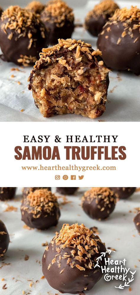 Healthy Sour Snacks, Satisfy Sweet Tooth Healthy, Sweet Tooth-approved Desserts, Holiday Treats Healthy, Healthy Truffle Recipes, Date Samoas, Samoa Truffles Recipe, Healthy Samoa Cookies, Samoa Truffles