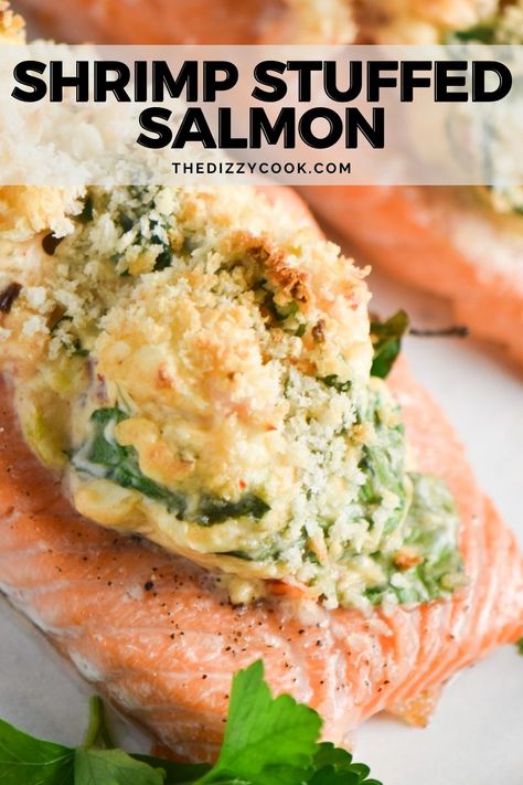 Easy to make in under 30 minutes, and less expensive than crab, this delicious Shrimp Stuffed Salmon contains a creamy shrimp and spinach topping finished with crunchy panko. It's perfect for date night, Valentine's day, or a family dinner. Holiday Main Dishes, Shrimp Stuffed Salmon, Dizzy Cook, Shrimp Stuffed, Stuffed Salmon, Creamy Shrimp, Dairy Free Cream Cheese, Salmon And Shrimp, Spicy Salmon