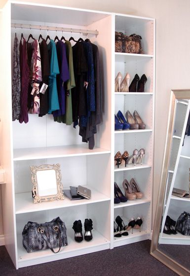 diy wardrobe w/ ikea shelves? Smaller version for dress up clothes Turning A Room Into A Closet, Bedroom Closet Shelves, Shoe Storage Wardrobe, Ikea Closet Hack, Organize Closet Space, Master Closet Organization, Billy Bookcases, Ikea Closet, Closet Hacks