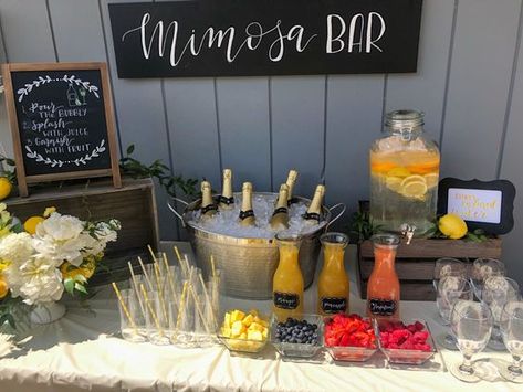 bridal shower mimosa bar ideas Mimosa Bar Birthday Party, Backyard Mimosa Bar, 21st Brunch Party, Mimosa Bar For Bridal Party, Mimosa Wedding Bar, Engagement Party Mimosa Bar, Bridal Party Mimosa Bar, Rustic Brunch Bridal Shower Ideas, 21 Birthday Bar Ideas