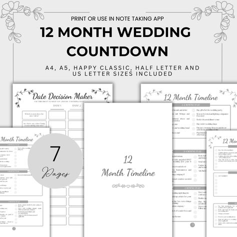 12 Month Wedding Planning Checklist Year Wedding Timeline Printable One Year Wedding Countdown Wedding Step by Step Planner Gift for Bride Wedding Planning Timeline Printable, Countdown Wedding, Wedding Checklist Timeline, Bachelorette Party Planner, Wedding Planner Printables, Wedding Planning Timeline, Wedding Countdown, Planner Gift, Planning Checklist