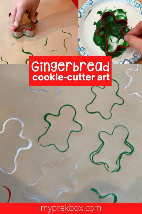 Check out this super easy gingerbread painting for your preschooler!! Skip the paintbrush and instead use a gingerbread man cookie cutter to create this holiday craft. Your child can even decorate an entire roll of craft paper (most dollar stores sell these) that you can use as gift wrap paper! Take a look at My Pre-K Box for monthly preschool play based learning activities and crafts to do at home! Go to: www.myprekbox.com for more details. gingerbread activities | preschool holiday crafts Preschool Holiday Crafts, Gingerbread Preschool Activities, Gingerbread Activities Preschool, Gingerbread Preschool, Gingerbread Painting, Gingerbread Man Preschool, Preschool Gingerbread, Gingerbread House Craft, Crafts To Do At Home