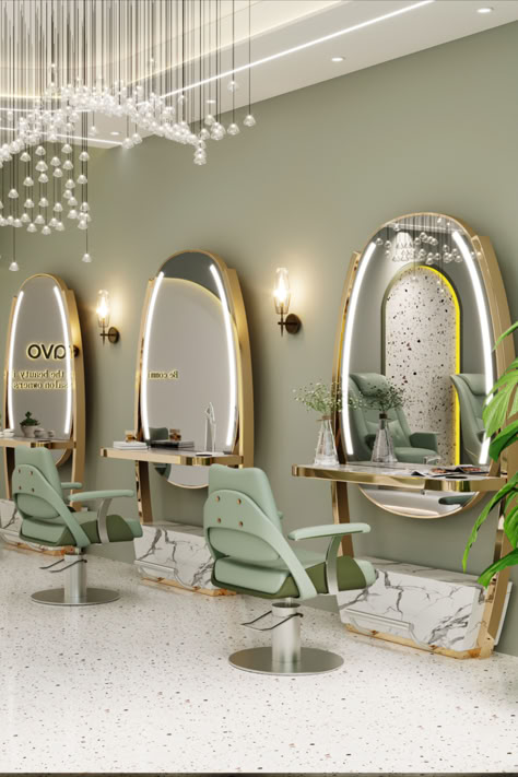 Our vibrant green-themed styling chairs are perfect to meet your space👍with our salon chairs💁‍♀️ Sage Green Salon, Pedicure Interior, Makeup Salon Decor, Parlour Interior, Green Salon, Styling Chairs, Nail Salon And Spa, Fake Wood, Hair Salon Design