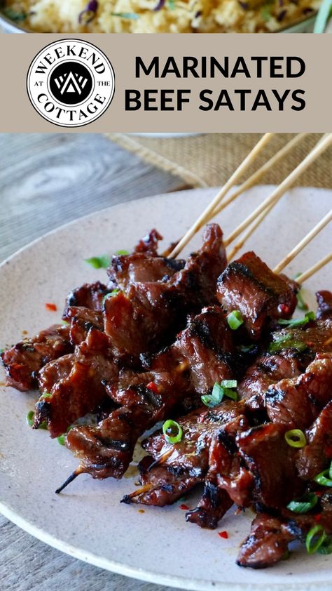 grilled tender beef strips on bamboo skewers Beef Skewers Marinade, Satay Marinade, Beef Satay, Beef Skewers, Beef Kabobs, Asian Beef, Beef Strips, Skewer Recipes, Marinated Beef