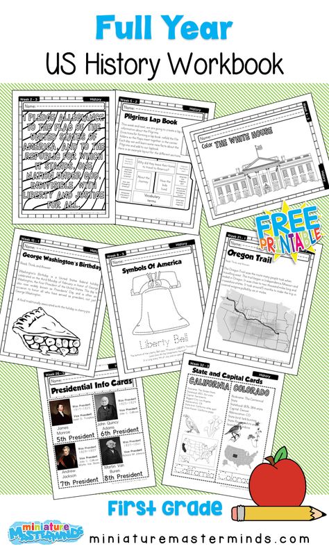 American History Work Book Ages 6 to 8 Free Printable Worksheets and Activities A full year of US History for kids in first grade. 36 weeks of activities, worksheets, and more! 2 Lap books, 2 timelines, President cards, State cards… This pack covers a lot of information quickly. There are … First Grade History, Homeschooling First Grade, First Grade Curriculum, Social Studies Curriculum, History Worksheets, Homeschool Worksheets, Homeschool Social Studies, History Curriculum, Social Studies Worksheets