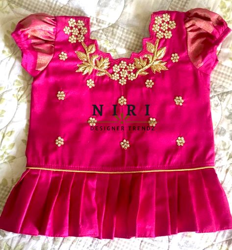 Aari Design For Pattu Pavadai, Pattu Pavadai Kids Blouse Designs Maggam Work, Kids Pattu Langa Blouse Designs Maggam Work, Baby Girl Pattu Langa Designs, Pattu Pavadai Kids Blouse Designs, Langa Designs, Traditional Baby Dresses, Pattu Pavadai Designs, Indian Dresses For Kids