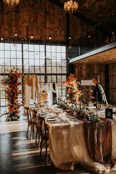 Flower Columns, Autumn Wedding Theme, Orange Colour Scheme, Brown Wedding Themes, Orange Wedding Themes, Fall Wedding Venues, Fall Wedding Bridesmaids, Fairy Lights Wedding, Barn Wedding Inspiration