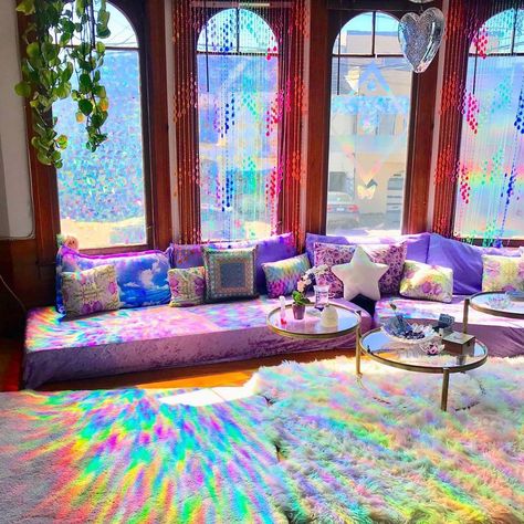 @the_spacequeen created this blissful space that even Lisa Frank would envy! #beadedcurtains #rainbowroom #moodboard #sanctuary Living Room Design Boho, Zen Den, Bohemian Furniture, Bohemian Inspiration, Rainbow Room, Dull Colors, Small Balcony Decor, Lisa Frank, Living Room Windows