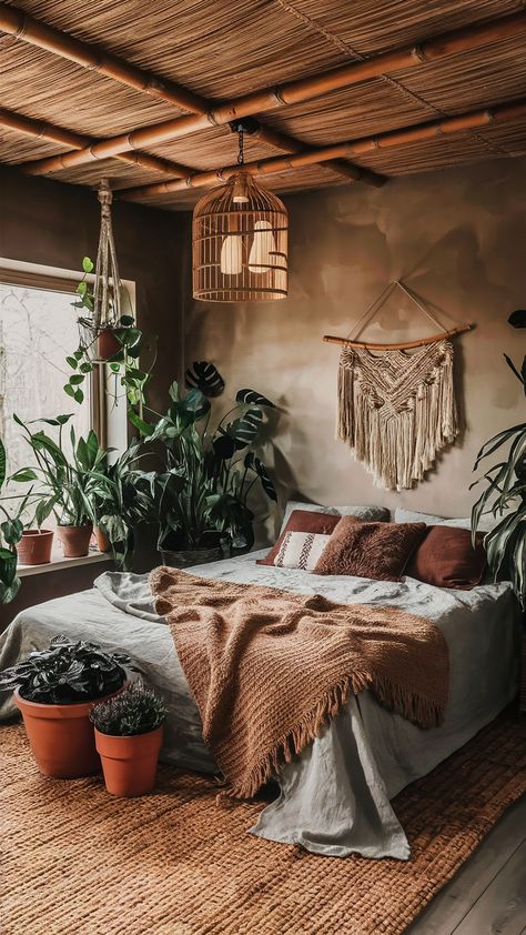 This boho bedroom has earthy tones, bamboo and jute accents, Boho Bedrooms, Bring The Outdoors Inside, Connected To Nature, Boho Style Bedroom, Outdoors Inside, Style Bedroom, Bedroom Boho, Hanging Light, Boho Bedroom