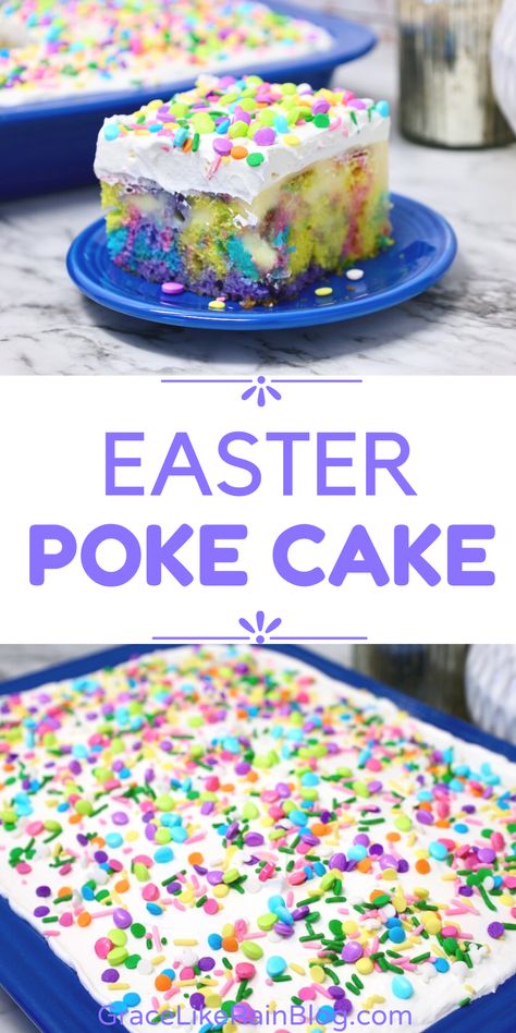 Easter Poke Cake is a delightful Easter dessert that is both easy and tasty. The bright and colorful cake with the cheesecake topping will delight your taste buds. For a unique festive appearance, garnish it with Easter sprinkles or your favorite Easter candies. Easter Poke Cake, Easter Dessert Ideas, Easter Candies, Cheesecake Topping, Easter Deserts, Cake Mix Ingredients, Colorful Cake, Easter Dishes, Easter Snacks