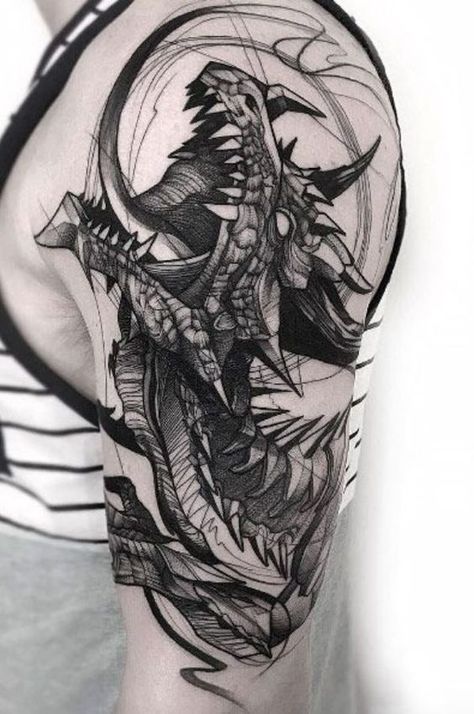 Badass tattoos in this article: you can find the true meaning of these inks, special features, and a collection of fascinating designs. Don’t delay and start reading! Sketched Tattoo, Voll Arm-tattoos, Rabe Tattoo, Black Dragon Tattoo, Dragon Tattoo Arm, Dragons Tattoo, Dragon Tattoos For Men, Tier Tattoo, Dragon Sleeve