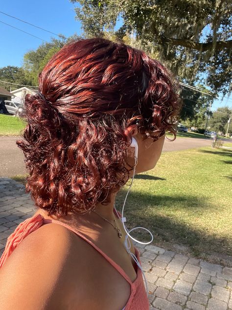 Red Hair Ideas For Curly Hair, Ginger And Black Curly Hair, Hair Color Ideas Curly Natural Curls, Dyed Curly Hair Aesthetic, Red Curly Hair Ideas, Short Curly Hair Red Highlights, Cute Short Curly Hairstyle Ideas, Dyed Curly Hair Short, Curly Hair Red Dye