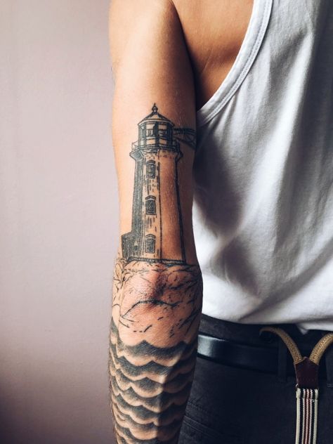 Top Forearm Tattoo For Men, Lighthouse Tattoo Men, Ocean Tattoos Men, Ocean Tattoo Sleeve, Lighthouse Tattoo Meaning, Maine Tattoo, Mermaid Sleeve Tattoos, Ocean Sleeve Tattoos, Nautical Tattoo Sleeve