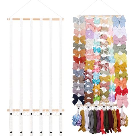 PRICES MAY VARY. ♥ Perfect Hair Bows Holder Storage ♥ Made of 6 Longer Cotton Ribbons and 2 bigger wooden frame, Bow holder size is 28" X 13.5". Oaoleer bows organizer for girls is enough to hold 60+ hair bows or 60+ hair clips. And turn that messy bows into a beautiful display. The bow organizer holder are also ideal accessories to decorate the princess room and nice presents for girls. ♥ Store More Headbands ♥ Easy access snaps at the bottom of our hair bows organizer for your headbands, scrun Headband Storage, Bow Storage, Hair Bow Organizer, Headband Organizer, Types Of Bows, Bow Organizer, Jewelry Organizer Wall, Headband Holder, Hair Bow Holder