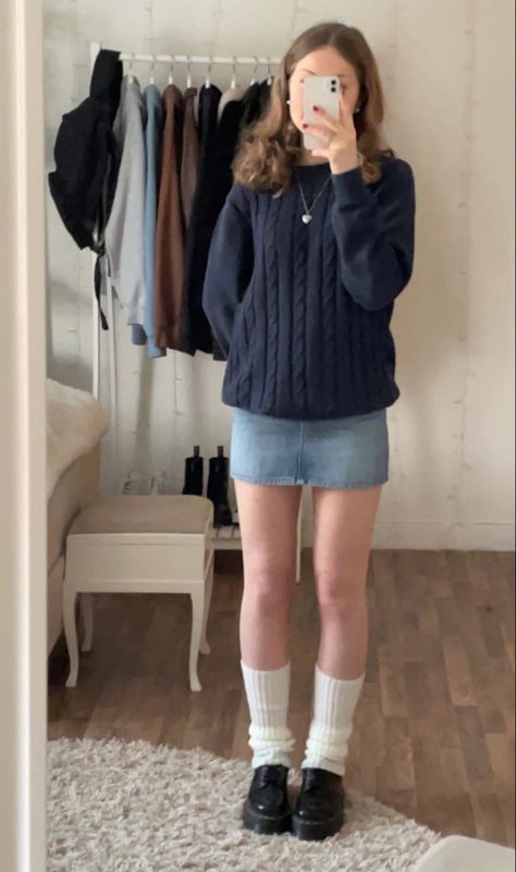 Jean Skirt Outfits Ideas, Downtown Autumn Outfits, Fall Outfits Jean Skirt, Rom Com Aesthetic Outfits, Rory Gilmore Style Outfits, Jean Skirt Outfit Ideas, Doc Martens Shoes, Light Blue Skirt, Jean Skirt Outfits