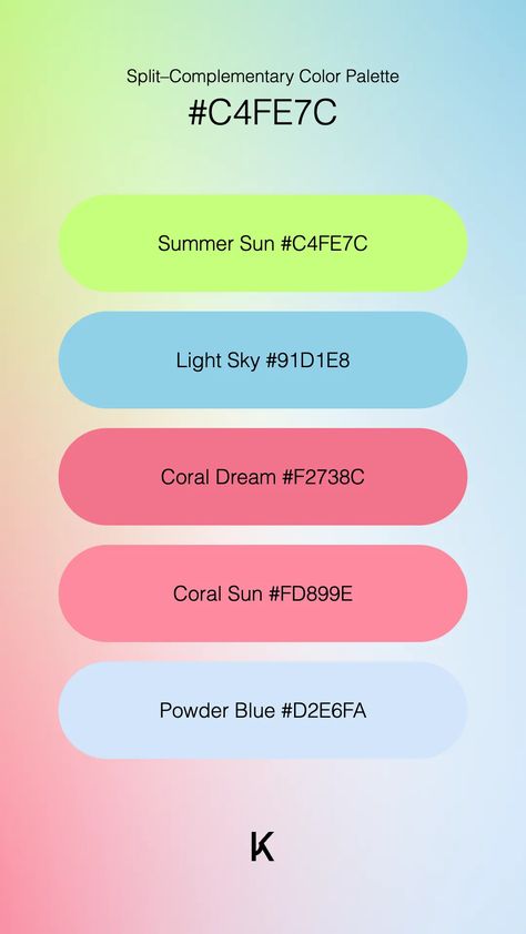 Split–Complementary Color Palette Summer Sun #C4FE7C · Light Sky #91D1E8 · Coral Dream #F2738C · Coral Sun #FD899E · Powder Blue #D2E6FA Complementary Color Palette, Color Palette Summer, Palette Summer, Split Complementary Colors, Split Complementary, Ipad Ideas, Hex Color Palette, Hex Colors, Complementary Colors