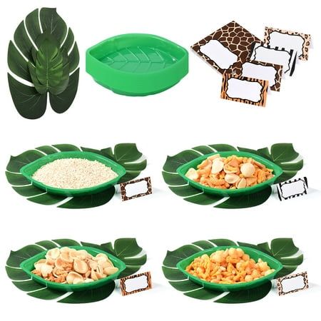 Package Include: The Jungle plant leaf set contains 12 leaf trays, 12 tropical imitation plant leaves, and 24 safari jungle message cards. These sets are enough for Hawaiian parties and wildlife-themed parties. Use them to experience tropical scenery with friends. High-Quality Materials And Reusable: The leaf tray is made of high-quality and durable plastic material, which is non-toxic and harmless, and supports reuse. The simulated plant leaves are not easy to tear and have a real leaf texture Safari Birthday Party Food, Giraffe Baby Shower Theme, Safari Baby Shower Decorations, Jungle Style, Artificial Palm Leaves, Candy Tray, Wild Birthday Party, Baby Shower Drinks, Lion King Birthday