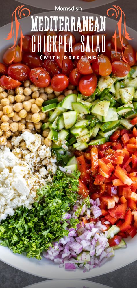 Mediterranean chickpea salad is a mixture of chickpeas (also known as garbanzo beans) tossed with various vegetables, feta cheese, and parsley. This chickpea salad takes only seven minutes to toss together! You’ll be chowing down on this healthy goodness in almost no time! Feta Bean Salad, Garbanzo Bean Salad Recipes, Greek Salad With Chickpeas, Salad Recipes With Chickpeas, Greek Bean Salad, Greek Bean Salad Recipes, Cucumber Garbanzo Bean Salad, Chickpea Salad Dressing, Chickpea Salsa