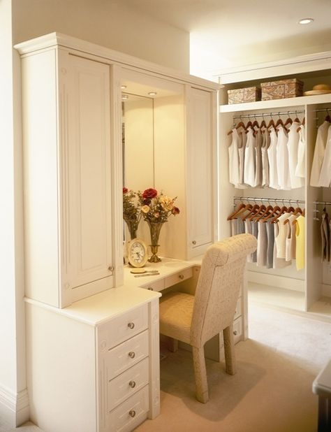 Closet Crush!  Custom Closet Organizer  Organized Interiors Closet With Vanity, Custom Closet Organization, Closet Vanity, Dressing Room Closet, Dream Closets, Deco Retro, Closet Inspiration, Room Closet, Custom Closet