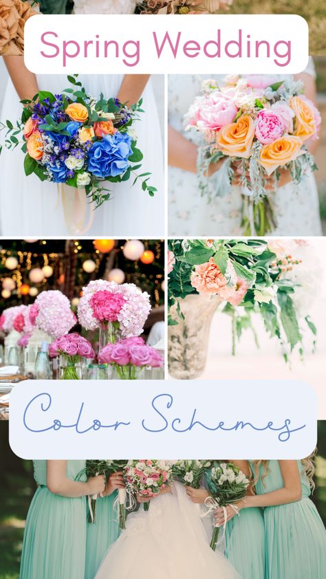 One Color Wedding, Wedding Color Combos Spring, Colorful Spring Wedding Palette, March Wedding Palette, Wedding Color Schemes For May, Spring Wedding Pallet, Wedding Palette Ideas Spring, Bright Color Wedding Palette, Spring Garden Wedding Ideas