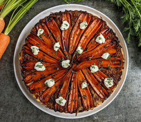 Carrot tarte tatin (upside-down carrot tart) recipe / Riverford Savoury Tarte Tatin Recipe, Savory Tart Tatin, Savory Tart Recipes, Carrot Tart, Tomato Tarte Tatin, Central Cafe, Tart Tatin, Tarte Tatin Recipe, Christmas Canapes