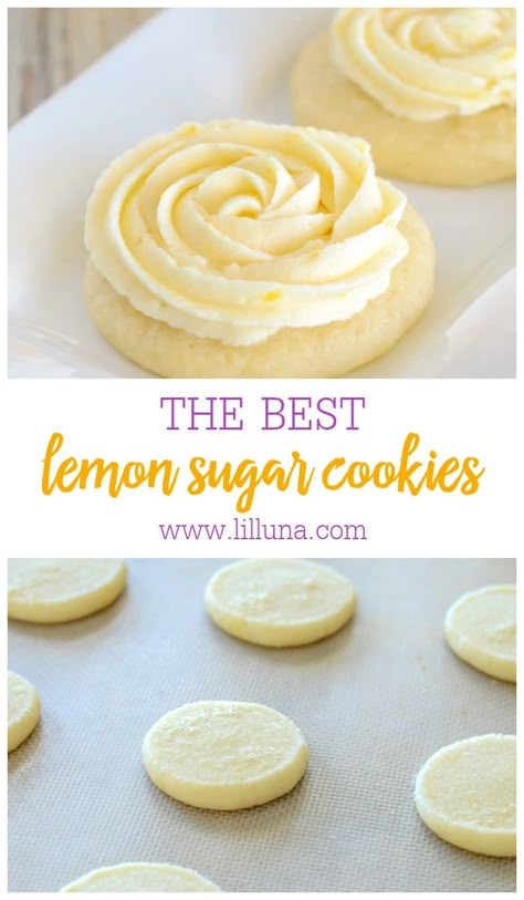 Frosted Lemon Sugar Cookies are buttery soft, with the perfect hint of lemon. They're a perfect treat for lemon lovers! #lemonsugarcookies #lemoncookies #sugarcookies #lemon #frostedcookies Lemon Icing Recipe, Cookies With Frosting, Lemon Sugar Cookies Recipe, Cookies With Lemon, Lemon Buttercream Frosting, Fruit Pizza Sugar Cookie, Lemon Frosting, Lemon Sugar Cookies, Lemon Buttercream