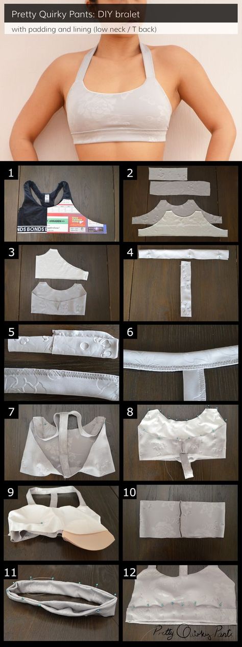 DIY T-Back Bralet Tutorial Make a lined and padded sports bra. Diy Bra Top, Sports Bra Diy, Bra Tutorial, Pola Bra, Pants Diy, Sewing Bras, Pumping Bra, Diy Bra, Mode Tips