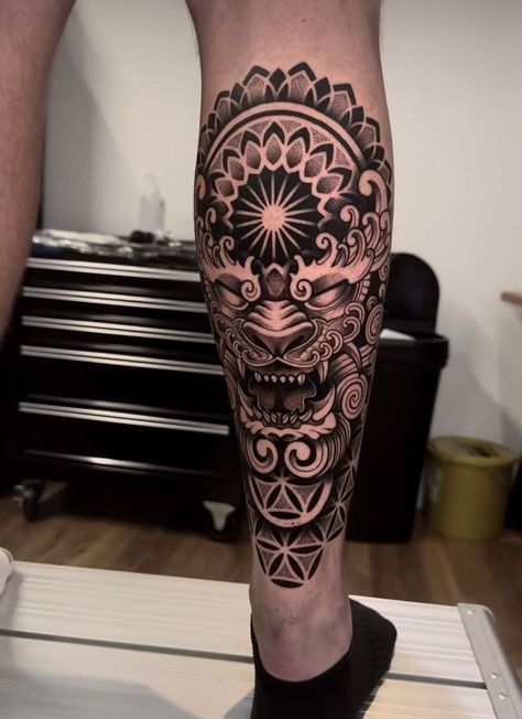 Tattoo Designs Men Leg Calf, Leg Small Tattoo Men, Japanese Calf Tattoo Men, Back Calf Tattoos Men, Japanese Leg Sleeve Tattoos, Tattoo Calf, Mandala Tattoo Men, Samurai Tattoo Sleeve, Calf Tattoo Men