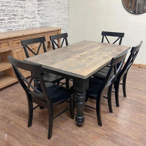 Farm Table Black Chairs, Black And Grey Kitchen Table, Black Farmhouse Dining Table, Black Farmhouse Table, Rustic Table And Chairs, Black Metal Dining Chairs, Black Kitchen Table, Craft Tables, Rustic Farm Table