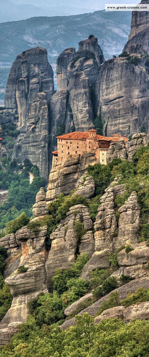 The Monastery of Rousanou looks out onto the enormous sandstone pillars of the Meteora area of #Greece...absolutely incredible! #travel #wanderlust Greek Cruise, Meteora Greece, Voyage Europe, Visiting Greece, Old Building, Thessaloniki, Rock Formations, Magical Places, Greece Travel