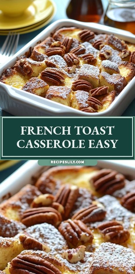 I love starting my mornings with a warm slice of this easy French Toast Casserole! It’s rich, fluffy, and topped with crunchy pecans and a dusting of powdered sugar. Perfect for brunch gatherings or cozy family breakfasts. You won't believe how simple it is to make! Easy French Toast Casserole, French Toast Casserole Recipe, Perfect French Toast, French Toast Casserole Easy, Easy French Toast, French Toast Bake Recipe, Delicious French Toast, Classic French Toast, Quick Baking