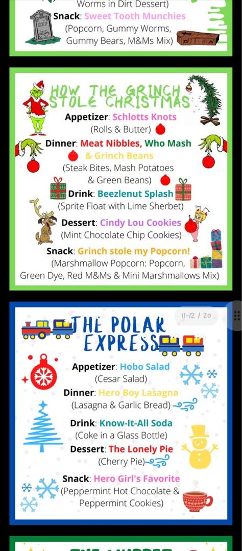 Elf Movie Night Dinner Ideas, Disney Christmas Dinner, Family Movie Night Themed Food, Disney Meal Ideas, Elemental Movie Dinner, Hotel Transylvania Themed Dinner, The Grinch Dinner And A Movie, Christmas Movie Meals, The Grinch Movie Night Food Ideas