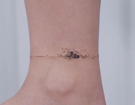 Yoga Ankle Tattoo, Tattoo Anklet Ideas, Ankle Bracelet Tattoos For Women Wrap Around, Tattoo Ideas Ankle Anklets, Ankle Tattoo Band, Delicate Ankle Tattoos For Women, Anklette Tattoo, Delicate Ankle Tattoo, Bracelet Design Tattoo