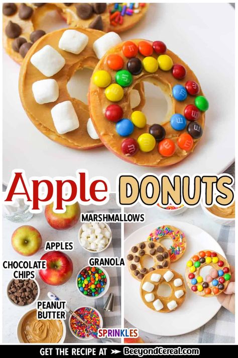 Fresh, crisp, and delicious apple slices topped with your favorite spreads and toppings like granola, sprinkles, chocolate, or fruit, make these no bake apple donuts an irresistible treat. Apple donuts are a healthier treat and one my kids constantly beg for and fight over. They love the variety of toppings as I'm sure your kids will as well. With so many varieties and options, this treat can never truly be boring. Every apple brings several slices of possibilities to the table, quite ... Classroom Snacks, Preschool Cooking, Theme Snack, Kids Food Crafts, Sommer Mad, Apple Snacks, Apple Donuts, Creative Snacks, Food Activities